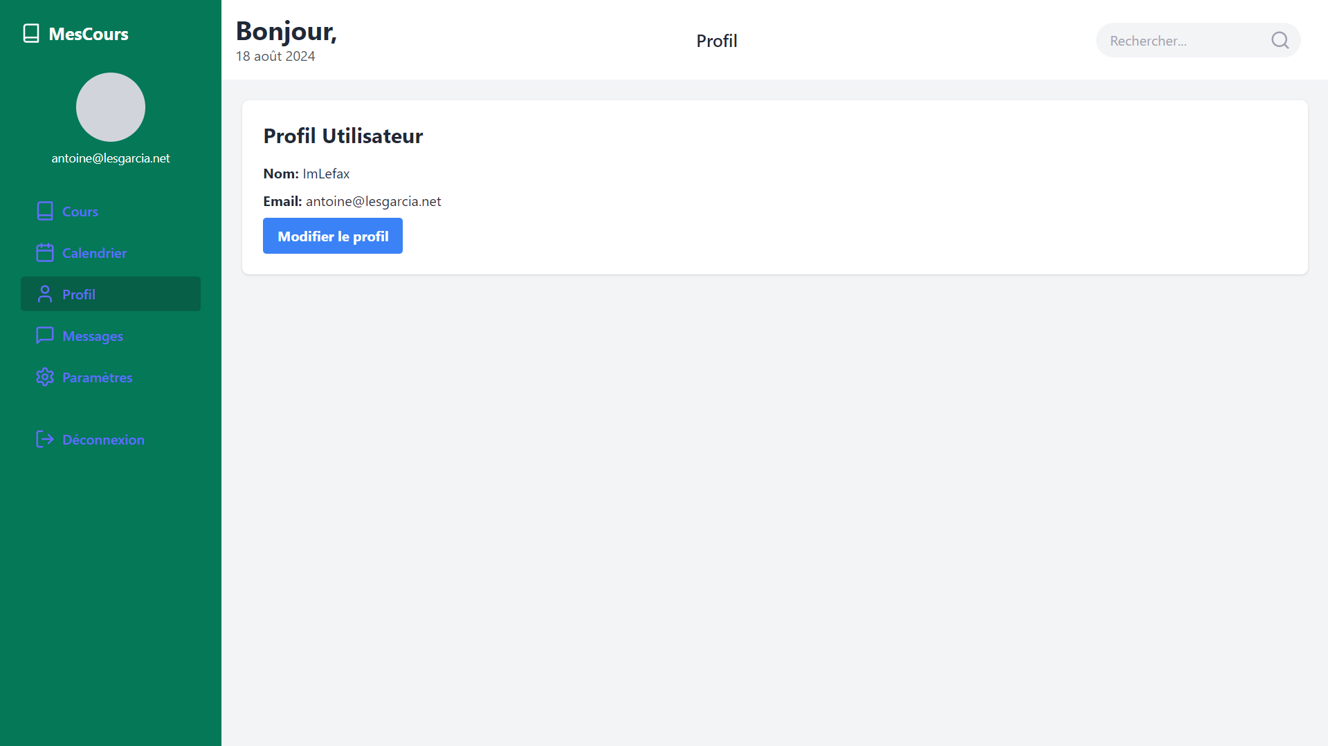 Profil utilisateur MesCours